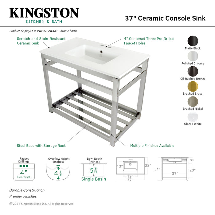 Kingston Brass VWP3722W4A8 Quadras 37" Ceramic Console Sink with Steel Base and Shelf (4-Inch, 3-Hole), White/Brushed Nickel