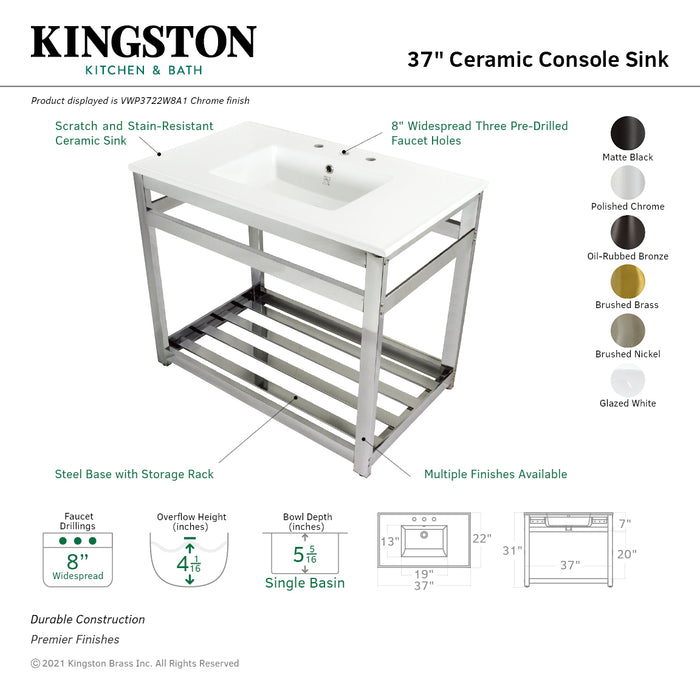 Kingston Brass VWP3722W8A8 Quadras 37" Ceramic Console Sink with Steel Base and Shelf (8-Inch, 3-Hole), White/Brushed Nickel