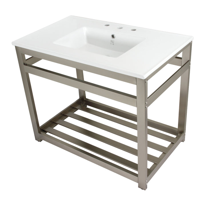 Kingston Brass VWP3722W8A8 Quadras 37" Ceramic Console Sink with Steel Base and Shelf (8-Inch, 3-Hole), White/Brushed Nickel