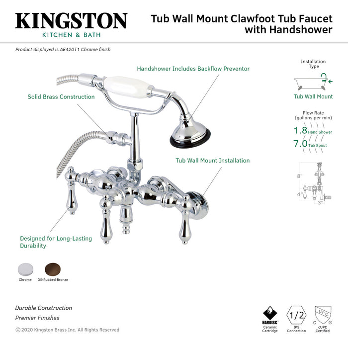 Kingston Brass AE419T5 Aqua Vintage 3-3/8 Inch Adjustable Wall Mount Clawfoot Tub Faucet with Hand Shower, Oil Rubbed Bronze