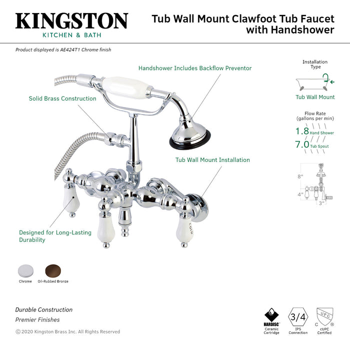 Kingston Brass AE423T5 Aqua Vintage 3-3/8 Inch Adjustable Wall Mount Clawfoot Tub Faucet with Hand Shower, Oil Rubbed Bronze