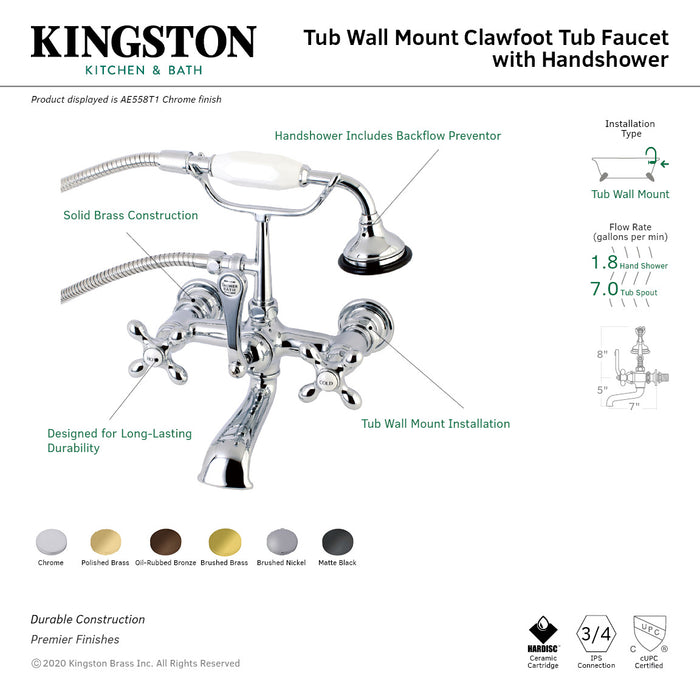 Kingston Brass AE557T5 Aqua Vintage 7-Inch Wall Mount Tub Faucet with Hand Shower, Oil Rubbed Bronze
