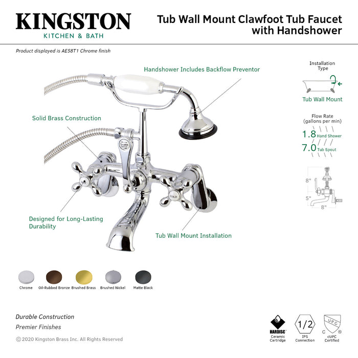 Kingston Brass AE57T5 Aqua Vintage Wall Mount Tub Faucet with Hand Shower, Oil Rubbed Bronze