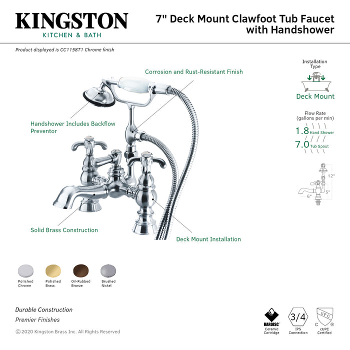 Kingston Brass CC1158T5 Vintage 7-Inch Deck Mount Tub Faucet with Hand Shower, Oil Rubbed Bronze