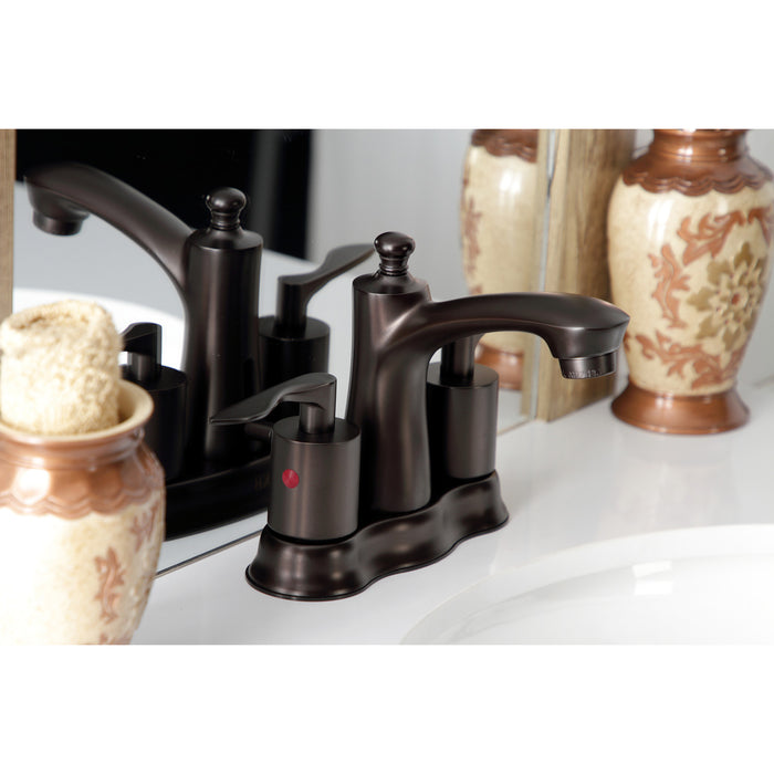 Kingston Brass FB7615SVL Two-Handle 3-Hole Deck Mount 4" Centerset Bathroom Faucet with Retail Pop-Up in Oil Rubbed Bronze