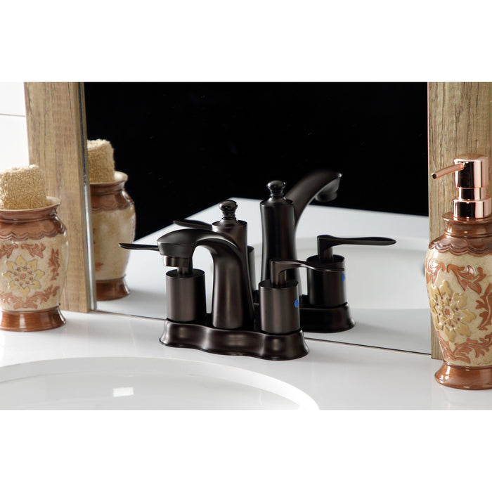 Kingston Brass FB7615SVL Two-Handle 3-Hole Deck Mount 4" Centerset Bathroom Faucet with Retail Pop-Up in Oil Rubbed Bronze