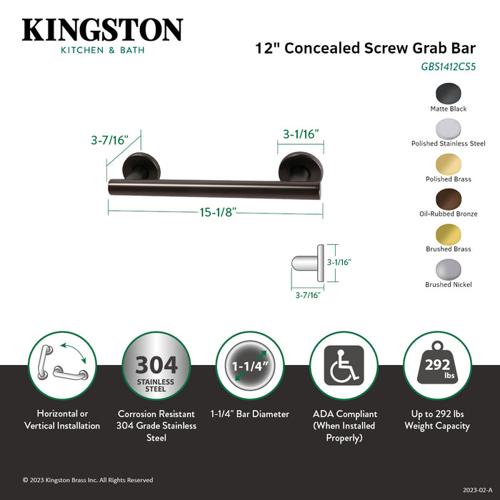 Kingston Brass GBS1412CS5 Berwyn 12" Grab Bar, 1-1/4" O.D, Oil Rubbed Bronze