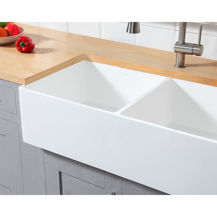 Gourmetier GKFA361810BCD Solid Surface Double Bowl Farmhouse Kitchen Sink, Matte White