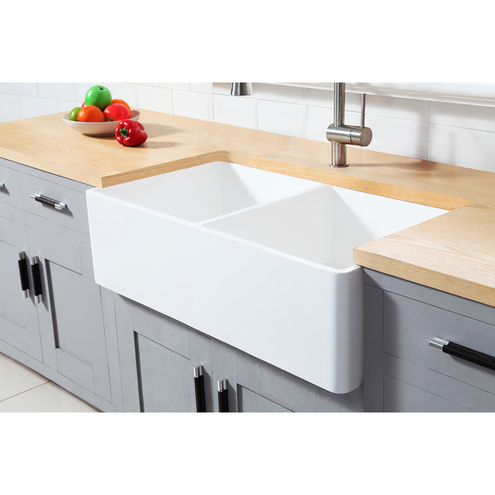 Gourmetier GKFA361810BCD Solid Surface Double Bowl Farmhouse Kitchen Sink, Matte White