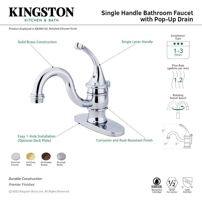 Kingston Brass KB3405GL Single-Handle 4 in. Centerset Bathroom Faucet, Oil Rubbed Bronze