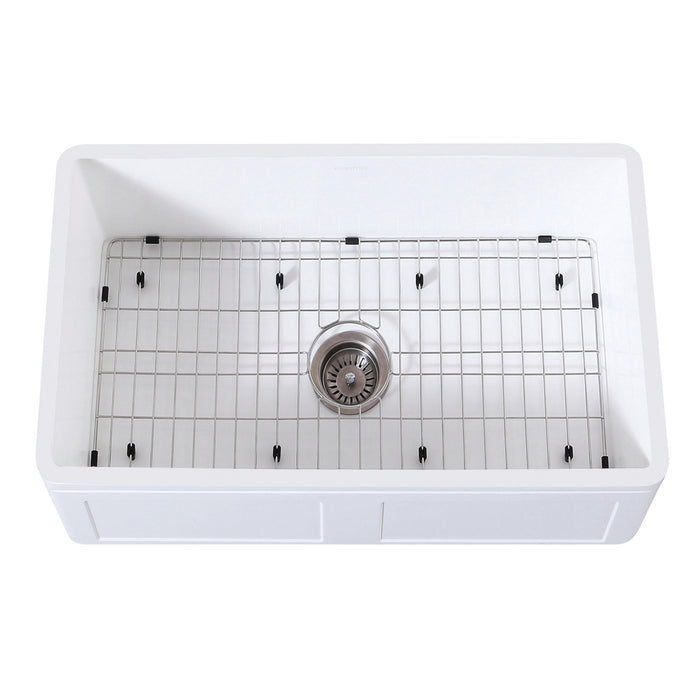 Gourmetier KGKFA301810DS 30" x 18" Farmhouse Kitchen Sink with Strainer and Grid, Matte White/Brushed
