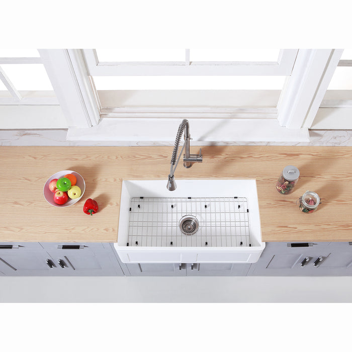 Gourmetier KGKFA331810DS 33" x 18" Farmhouse Kitchen Sink with Strainer and Grid, Matte White/Brushed