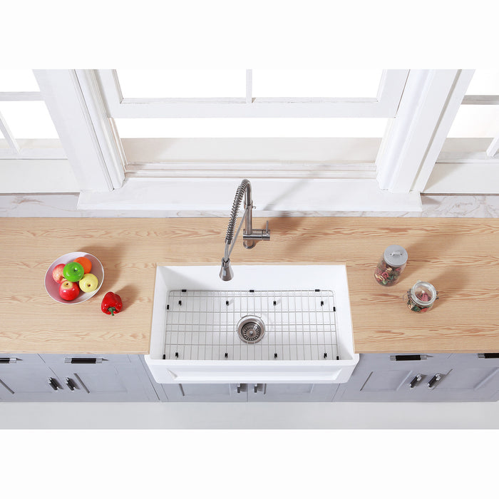 Gourmetier KGKFA331810SQ 33" x 18" Farmhouse Kitchen Sink with Strainer and Grid, Matte White/Brushed