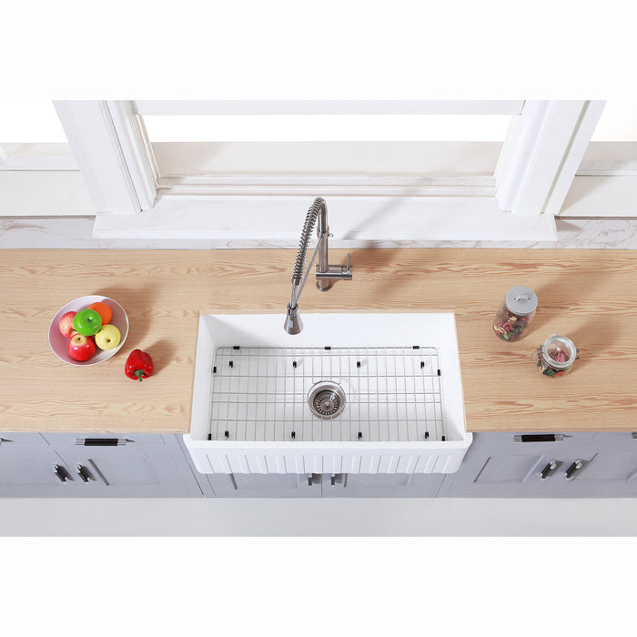 Gourmetier KGKFA361810CD 36" x 18" Farmhouse Kitchen Sink with Strainer and Grid, Matte White/Brushed