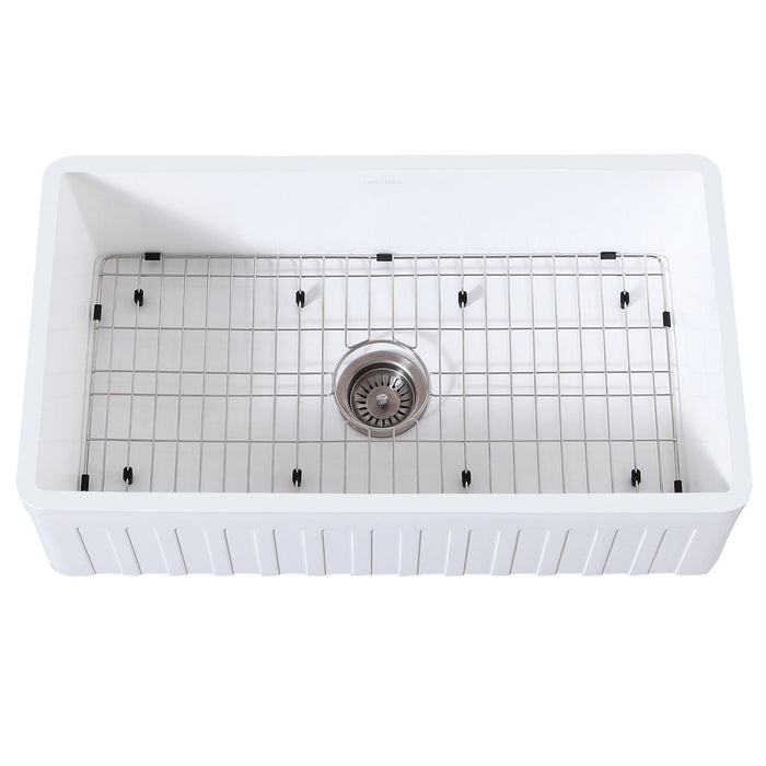 Gourmetier KGKFA361810CD 36" x 18" Farmhouse Kitchen Sink with Strainer and Grid, Matte White/Brushed