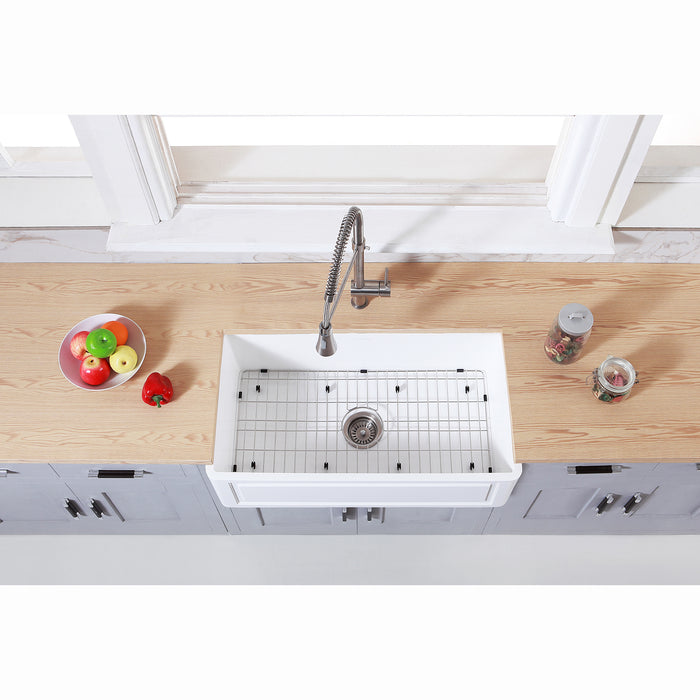 Gourmetier KGKFA361810LD 36" x 18" Farmhouse Kitchen Sink with Strainer and Grid, Matte White/Brushed