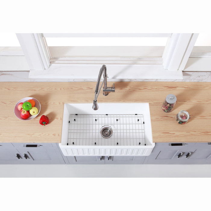 Gourmetier KGKFA361810RM 36" x 18" Farmhouse Kitchen Sink with Strainer and Grid, Matte White/Brushed