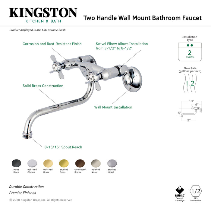Kingston Brass KS115ORB Essex Two Handle Wall Mount Bathroom Faucet, Oil Rubbed Bronze