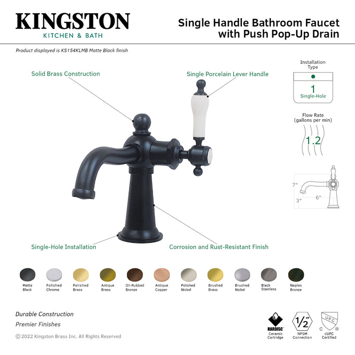 Kingston Brass KS154KLORB Nautical Single-Handle Bathroom Faucet with Push Pop-Up, Oil Rubbed Bronze