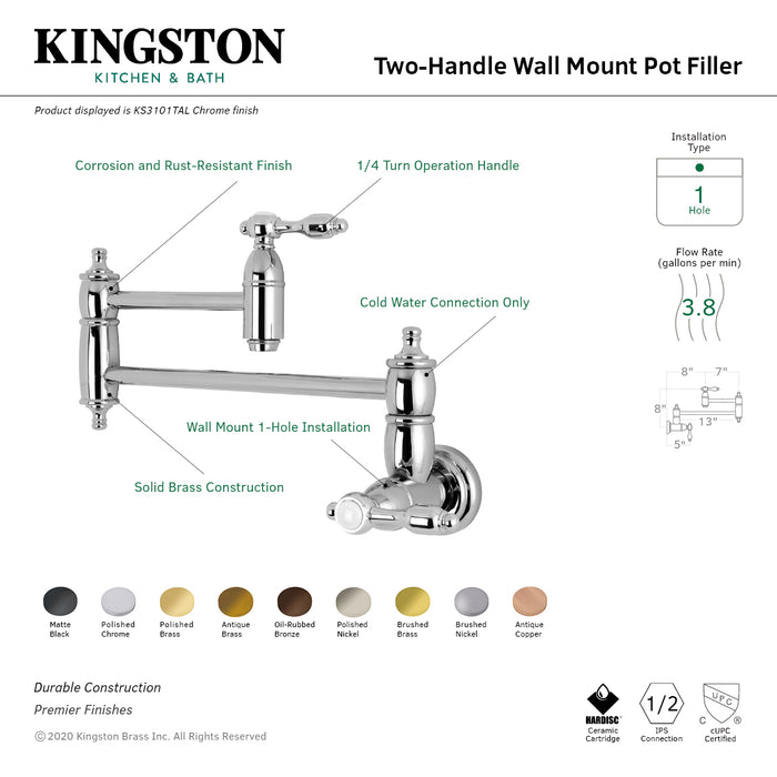 Kingston Brass KS3105TAL Tudor Wall Mount Pot Filler Kitchen Faucet, Oil Rubbed Bronze