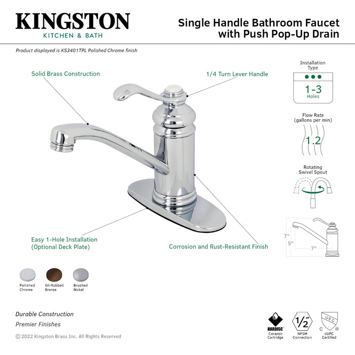 Kingston Brass KS3405TPL Templeton Single-Handle Bathroom Faucet with Push Pop-Up, Oil Rubbed Bronze