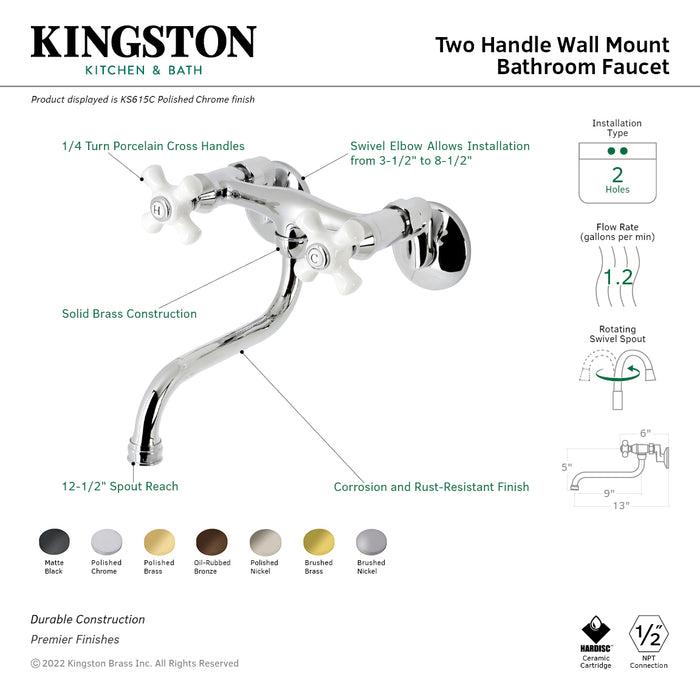 Kingston Brass KS615ORB Wall Mount Bathroom Faucet, Oil Rubbed Bronze