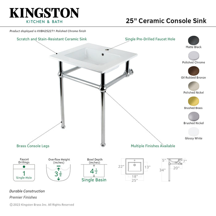 Kingston Brass KVBH252275 Templeton 25" Ceramic Console Sink with Brass Legs (1-Hole), White/Oil Rubbed Bronze