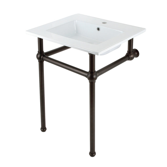 Kingston Brass KVBH252275 Templeton 25" Ceramic Console Sink with Brass Legs (1-Hole), White/Oil Rubbed Bronze
