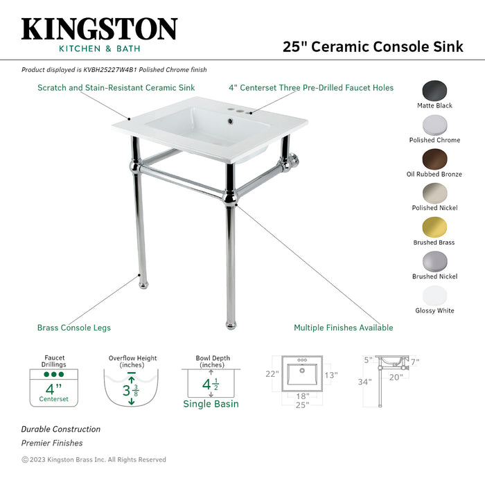 Kingston Brass KVBH25227W4B5 Templeton 25" Ceramic Console Sink with Brass Legs (4-Inch, 3-Hole), White/Oil Rubbed Bronze