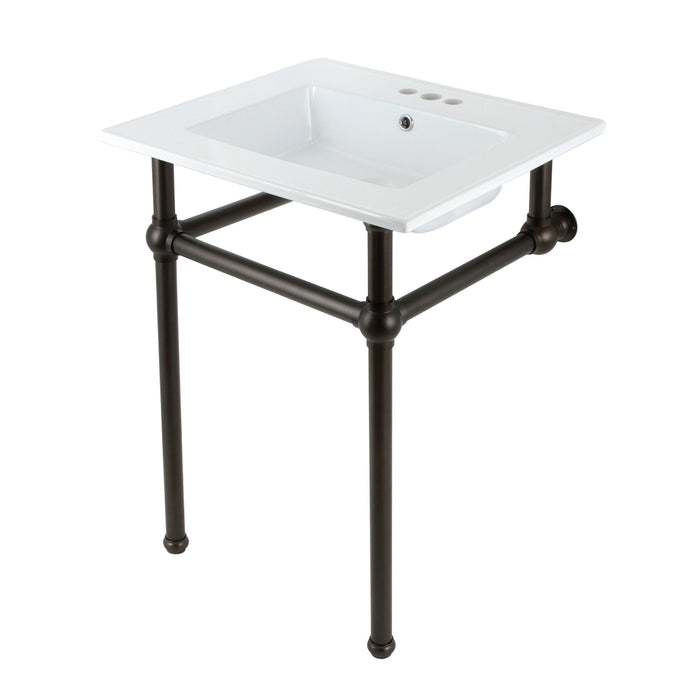 Kingston Brass KVBH25227W4B5 Templeton 25" Ceramic Console Sink with Brass Legs (4-Inch, 3-Hole), White/Oil Rubbed Bronze