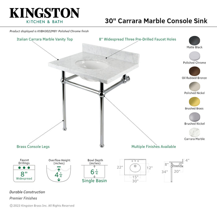 Kingston Brass KVBH3022M85 Templeton 30" Carrara Marble Console Sink with Brass Legs (8-Inch, 3-Hole), Marble White/Oil Rubbed Bronze