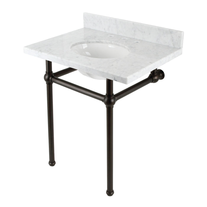 Kingston Brass KVBH3022M85 Templeton 30" Carrara Marble Console Sink with Brass Legs (8-Inch, 3-Hole), Marble White/Oil Rubbed Bronze