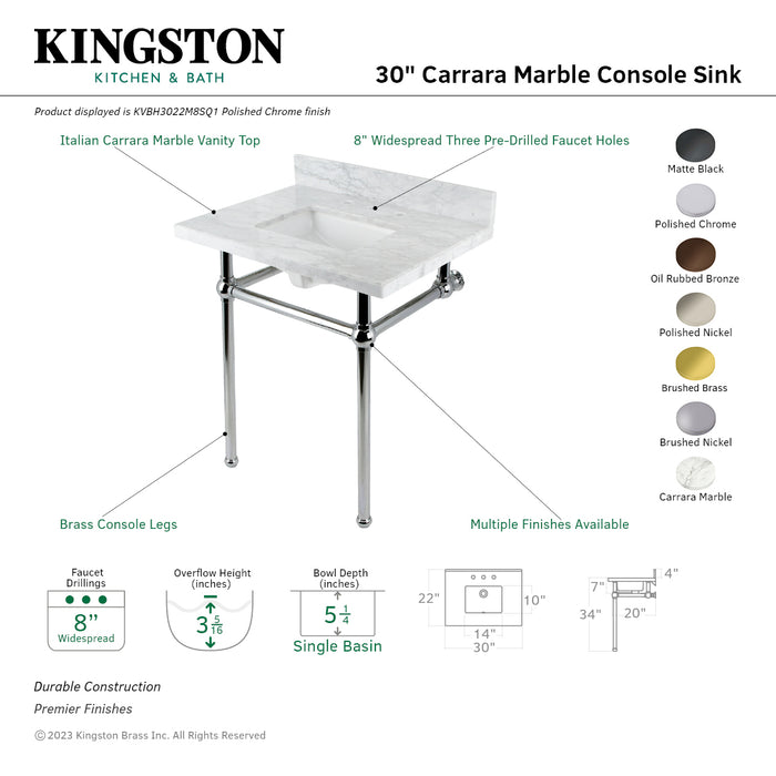 Kingston Brass KVBH3022M8SQ5 Addington 30" Console Sink with Brass Legs (8-Inch, 3 Hole), Marble White/Oil Rubbed Bronze