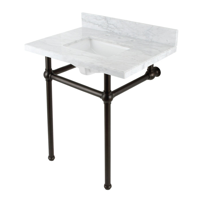 Kingston Brass KVBH3022M8SQ5 Templeton 30" Carrara Marble Console Sink with Brass Legs (8-Inch, 3-Hole), Marble White/Oil Rubbed Bronze