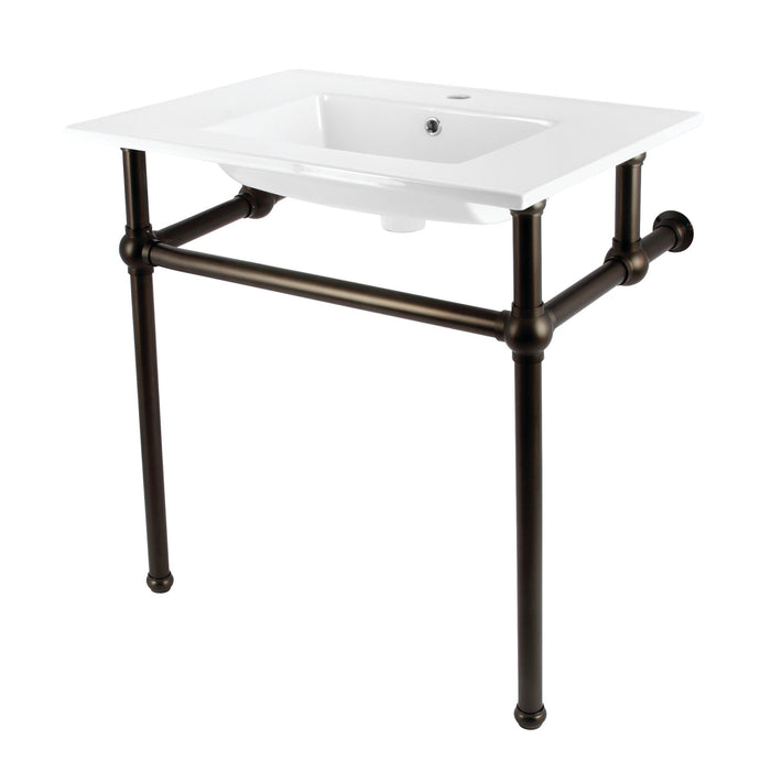 Kingston Brass KVBH312275 Templeton 31" Ceramic Console Sink with Brass Legs (1-Hole), White/Oil Rubbed Bronze