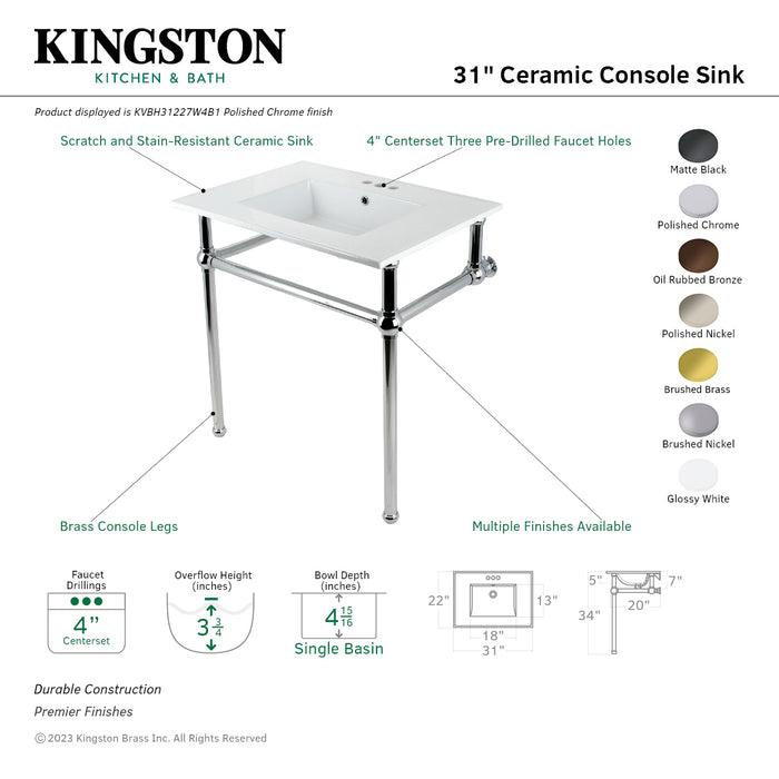 Kingston Brass KVBH31227W4B5 Templeton 31" Ceramic Console Sink with Brass Legs (8-Inch, 3-Hole), White/Oil Rubbed Bronze