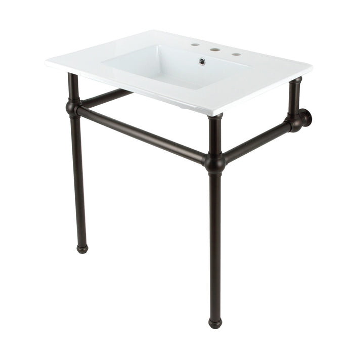 Kingston Brass KVBH31227W8B5 Templeton 31" Ceramic Console Sink with Brass Legs (8-Inch, 3-Hole), White/Oil Rubbed Bronze