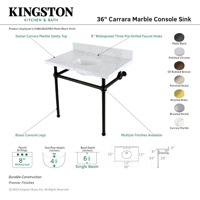 Kingston Brass KVBH3622M85 Templeton 36" Carrara Marble Console Sink with Brass Legs (8-Inch, 3-Hole), Marble White/Oil Rubbed Bronze