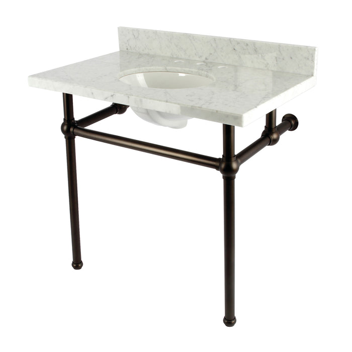 Kingston Brass KVBH3622M85 Templeton 36" Carrara Marble Console Sink with Brass Legs (8-Inch, 3-Hole), Marble White/Oil Rubbed Bronze