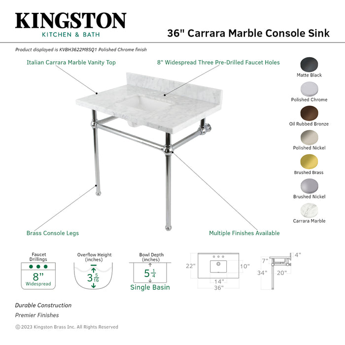 Kingston Brass KVBH3622M8SQ5 Templeton 36" Carrara Marble Console Sink with Brass Legs (8-Inch, 3-Hole), Marble White/Oil Rubbed Bronze
