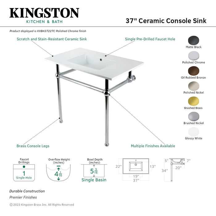 Kingston Brass KVBH37227ORB Addington 37" Console Sink with Brass Legs (Single Faucet Hole), White/Oil Rubbed Bronze