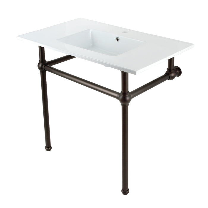 Kingston Brass KVBH37227ORB Addington 37" Console Sink with Brass Legs (Single Faucet Hole), White/Oil Rubbed Bronze