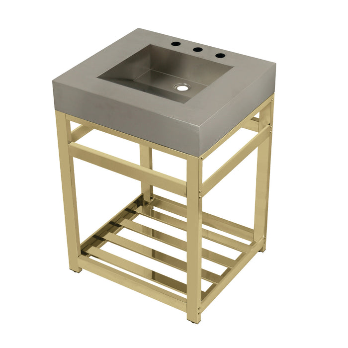Kingston Brass KVSP2522A2 Kingston Commercial 25" Stainless Steel Console Sink with Steel Base (8-Inch, 3-Hole), Brushed/Polished Brass