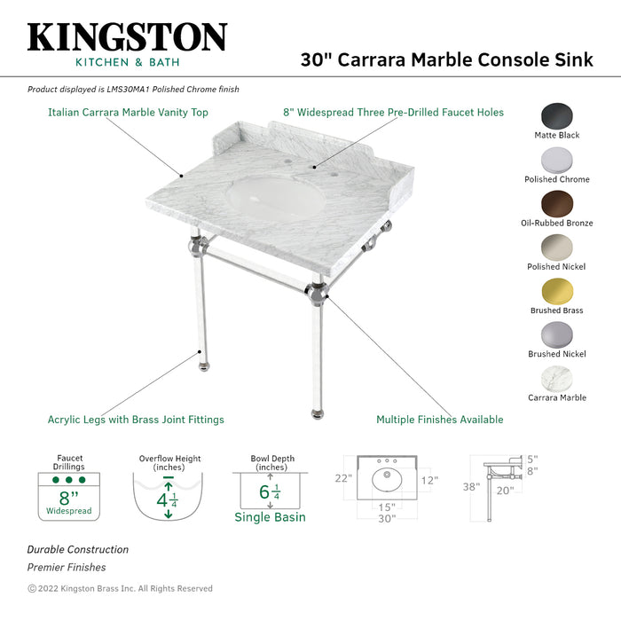 Kingston Brass LMS30MA5 Pemberton 30" Carrara Marble Console Sink with Acrylic Legs, Marble White/Oil Rubbed Bronze