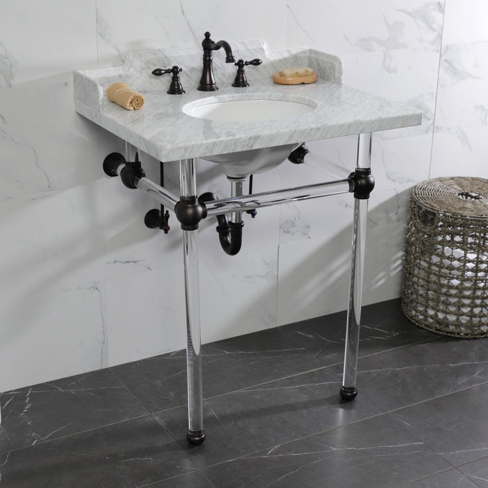 Kingston Brass LMS30MA5 Pemberton 30" Carrara Marble Console Sink with Acrylic Legs (8-Inch, 3-Hole), Marble White/Oil Rubbed Bronze