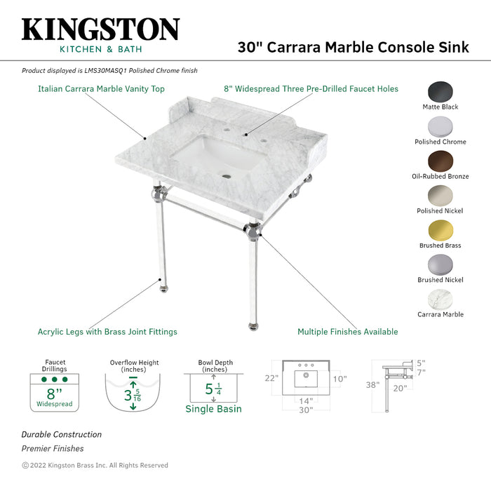 Kingston Brass LMS30MASQ5 Pemberton 30" Carrara Marble Console Sink with Acrylic Legs (8-Inch, 3-Hole), Marble White/Oil Rubbed Bronze