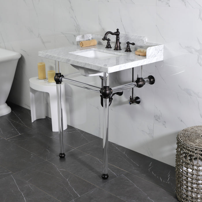 Kingston Brass LMS30MASQ5 Pemberton 30" Carrara Marble Console Sink with Acrylic Legs (8-Inch, 3-Hole), Marble White/Oil Rubbed Bronze