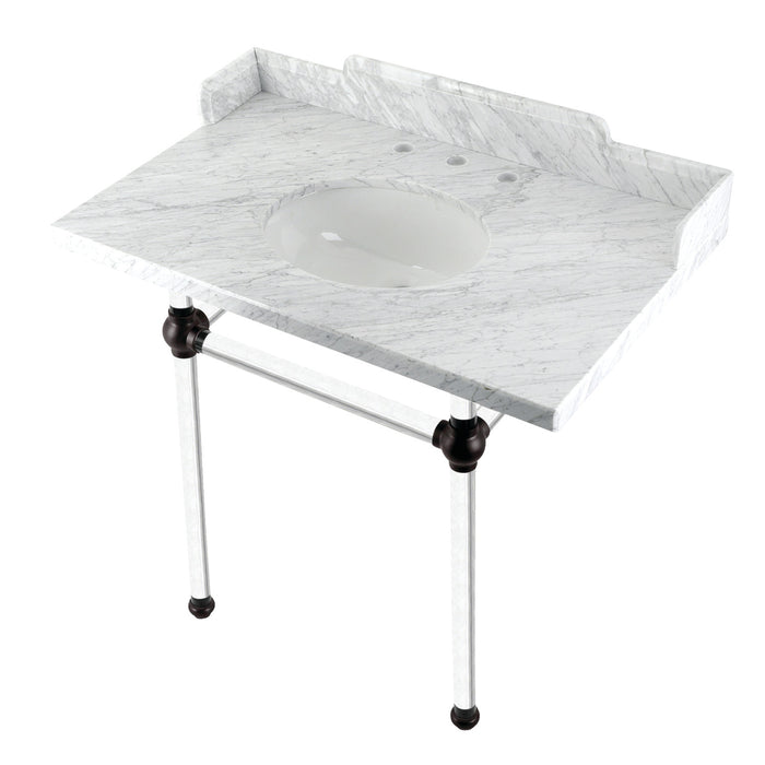 Kingston Brass LMS36MA5 Pemberton 36" Carrara Marble Console Sink with Acrylic Legs (8-Inch, 3-Hole), Marble White/Oil Rubbed Bronze