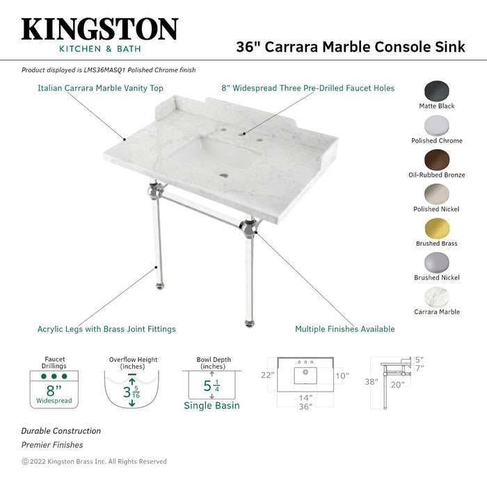 Kingston Brass LMS36MASQ5 Pemberton 36" Carrara Marble Console Sink with Acrylic Legs (8-Inch, 3-Hole), Marble White/Oil Rubbed Bronze