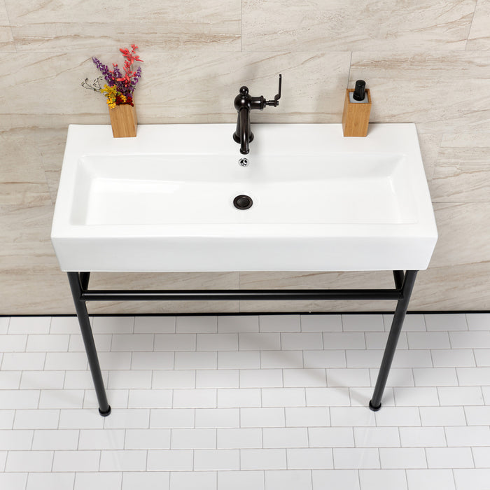 Kingston Brass VPB39170ST New Haven 39" Porcelain Console Sink with Stainless Steel Legs (1-Hole), White/Matte Black